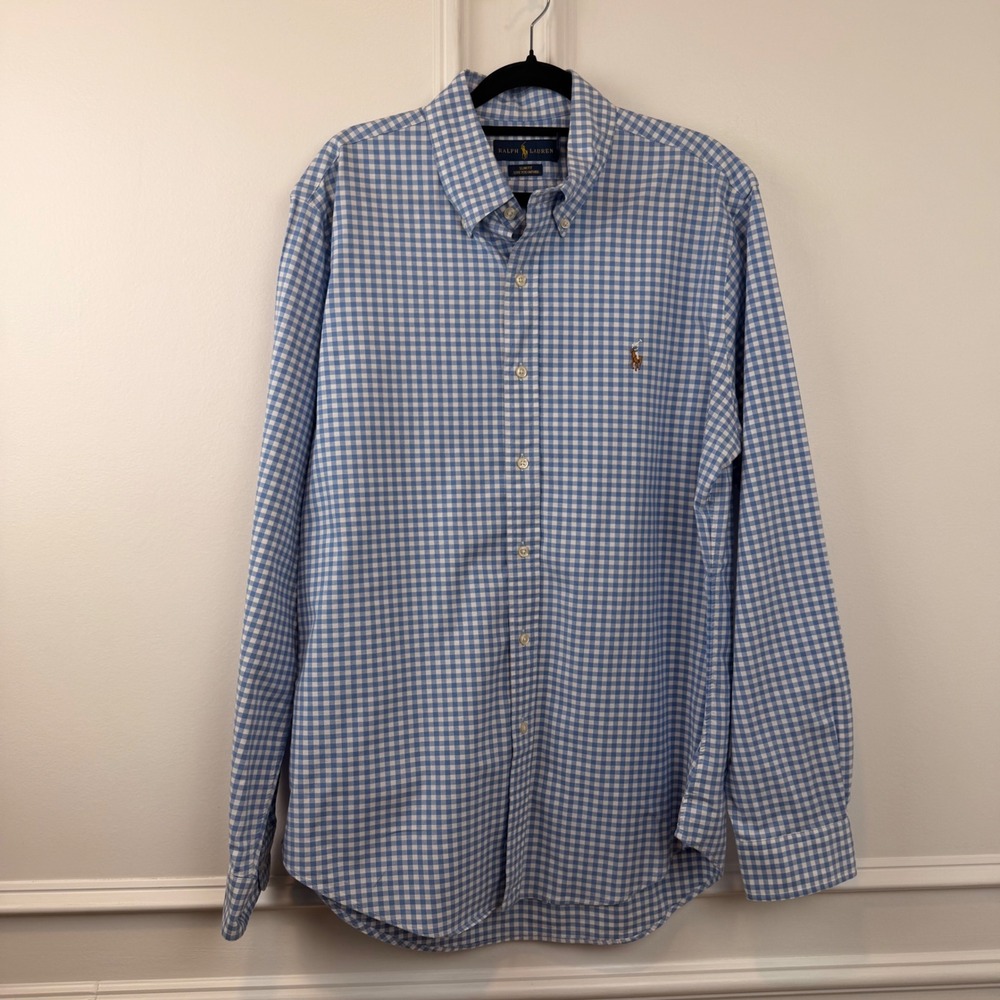 Ralph Lauren Mens Slim Fit Stretch Oxford Flesh Pony Gingham Check Shirt Large
